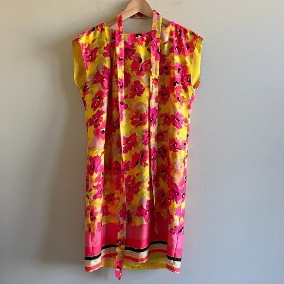 LOFT SILKY SZ 6 BRIGHT PINK YELLOW FLORAL SHEATH DRESS SUNDRESS~WAIST TIE~LINED - Picture 1 of 9